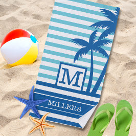 Toalla De Playa Árboles tropicales Monograma Nombre Aqua Banda Azu