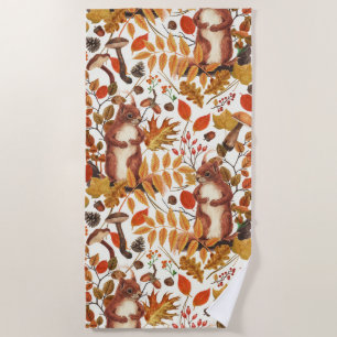 Toalla De Playa Ardillas otoñales y flora otoñal en blanco roto