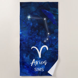 Toalla De Playa Aries Zodiac Constellation Blue Galaxy Monograma