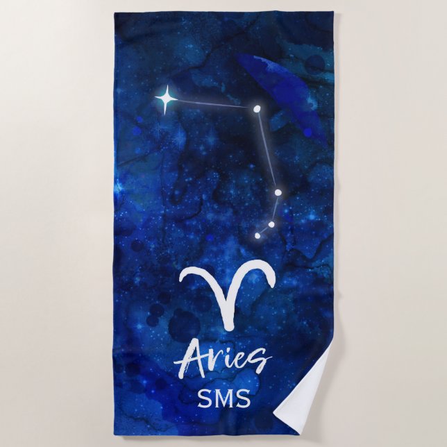 Toalla De Playa Aries Zodiac Constellation Blue Galaxy Monograma (Anverso)