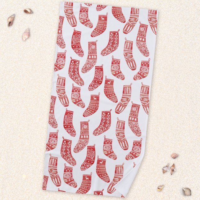 Toalla De Playa Arsenales nórdicos blancos rojos (Nordic Stockings red and white Scandinavian festive Christmas pattern beach towel)