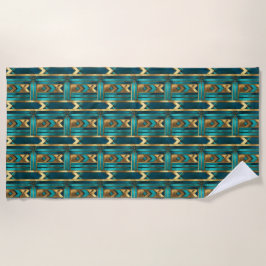 Toalla De Playa Art Deco Geometric Arrows, Gold and Turquoise