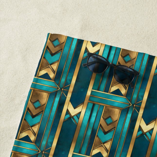 Toalla De Playa Art Deco Geometric Arrows, Gold and Turquoise (In situ)