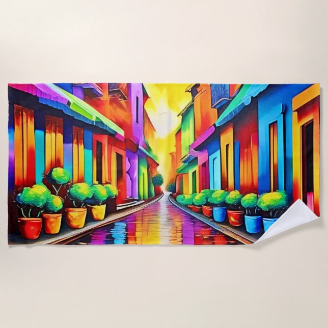Toalla De Playa Arte colorido de escena callejera (Anverso)