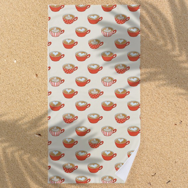 Toalla De Playa Arte de latte lindo en el patrón de tazas de café  (Red Latte Art Pattern Beach Towel)