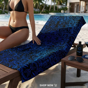 Toalla De Playa Arte de Línea Botánica Floral Gótica Azul Eléctric