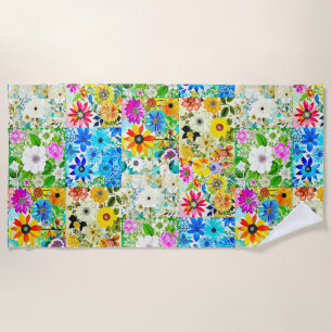 Toalla De Playa Arte de patchwork floral Flores de acuarela