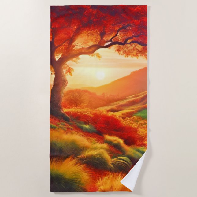 Toalla De Playa Arte de pintura paisajística del atardecer de otoñ (Anverso)