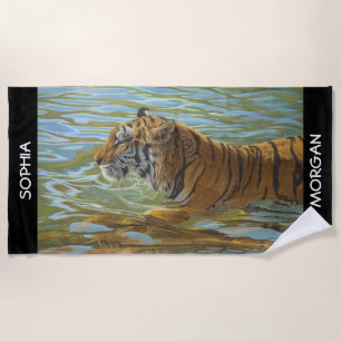 Toalla De Playa Arte de tigres de natación, nombres personalizados