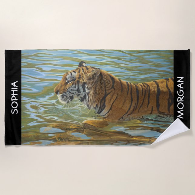 Toalla De Playa Arte de tigres de natación, nombres personalizados (Anverso)