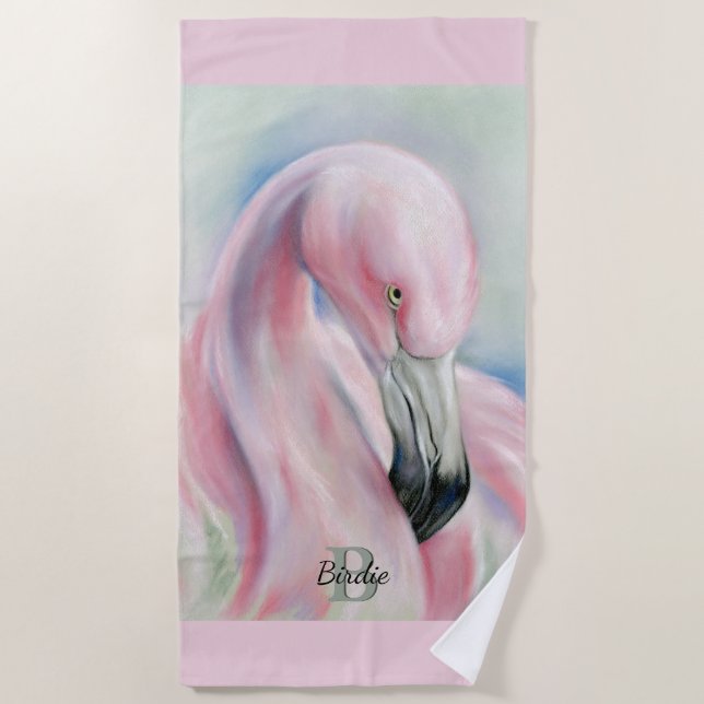 Toalla De Playa Arte Flamingo Pastel Rosa Personalizado (Anverso)