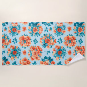 Toalla De Playa Arte floral azul radiante y Naranja