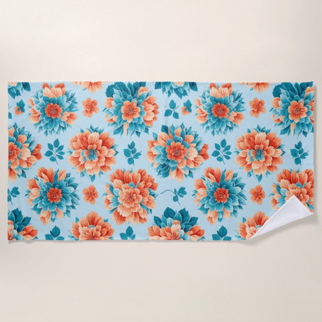 Toalla De Playa Arte floral azul radiante y Naranja (Anverso)