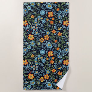 Toalla De Playa Arte floral intrincado: flores azules y naranjas