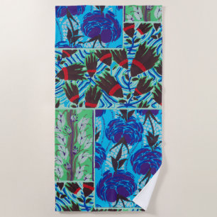 Toalla De Playa Arte floral vibrante maximalista azul y verde