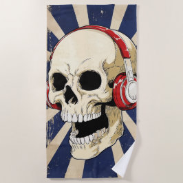Toalla De Playa Arte musical retro con cráneo y auriculares