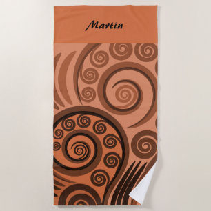 Toalla De Playa Artsy Naranja-Brown Koru Fern Frond Pattern
