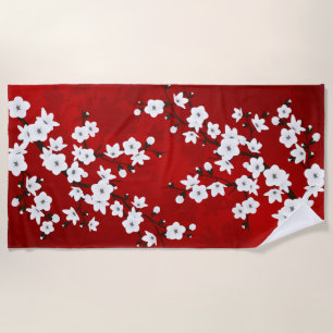 Toalla De Playa Asia Floral White Cherry Blossom Red