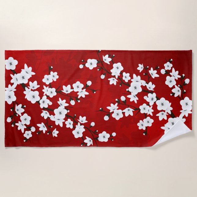 Toalla De Playa Asia Floral White Cherry Blossom Red (Anverso)