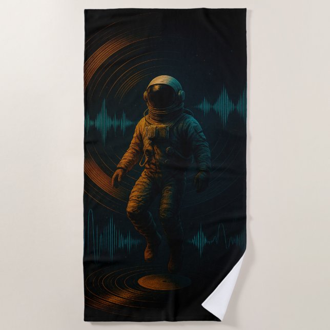 Toalla De Playa Astronauta flotando en arte de sonido Glitchwave (Anverso)
