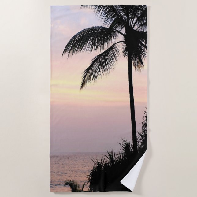 Toalla De Playa Atardecer de playa tropical con palmera (Anverso)