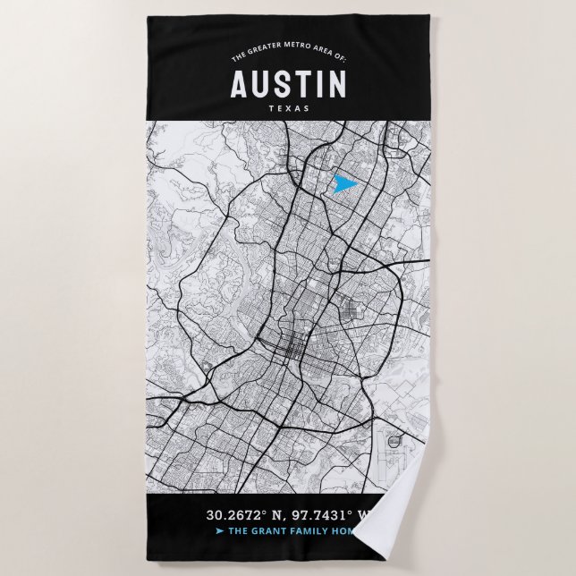 Toalla De Playa Austin, Texas City Map + Su Ubicación Personalizad (Anverso)