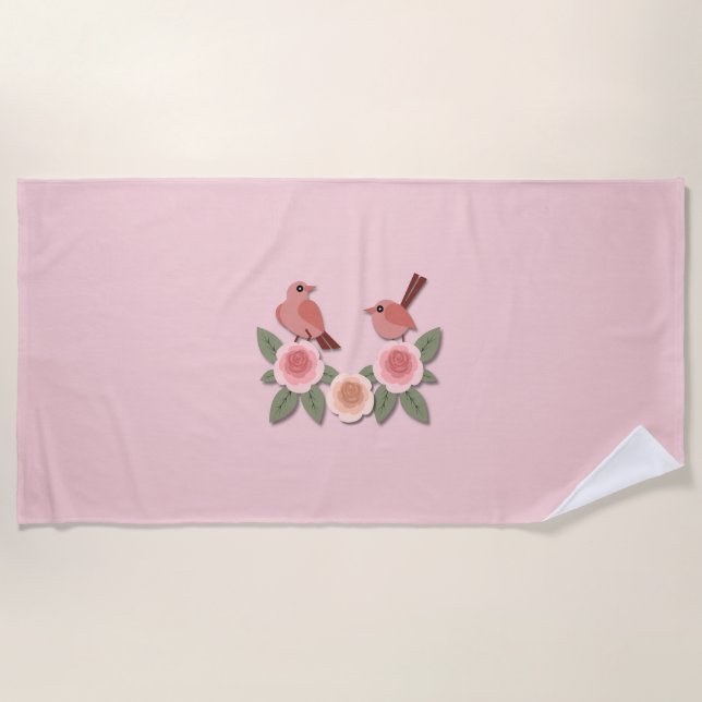 Toalla De Playa Aves amorosas rosas y Rosas floridos (Anverso)