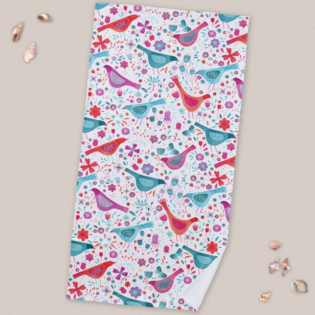 Toalla De Playa Aves y flores acuarelas modernas (Birds in a Garden watercolor art beach towel with original art by Nic Squirrell. )