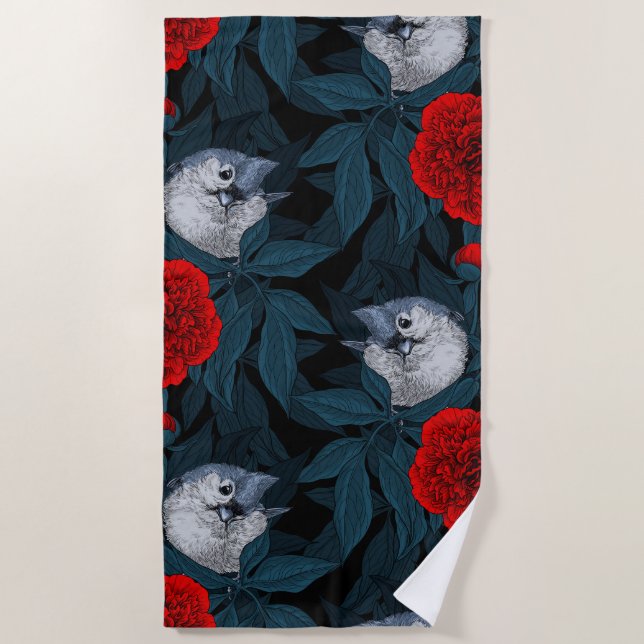 Toalla De Playa Aves y flores de peón rojo con hojas azules (Anverso)