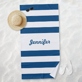 Toalla De Playa Azul Chic y Rayas Blancas Personalizadas
