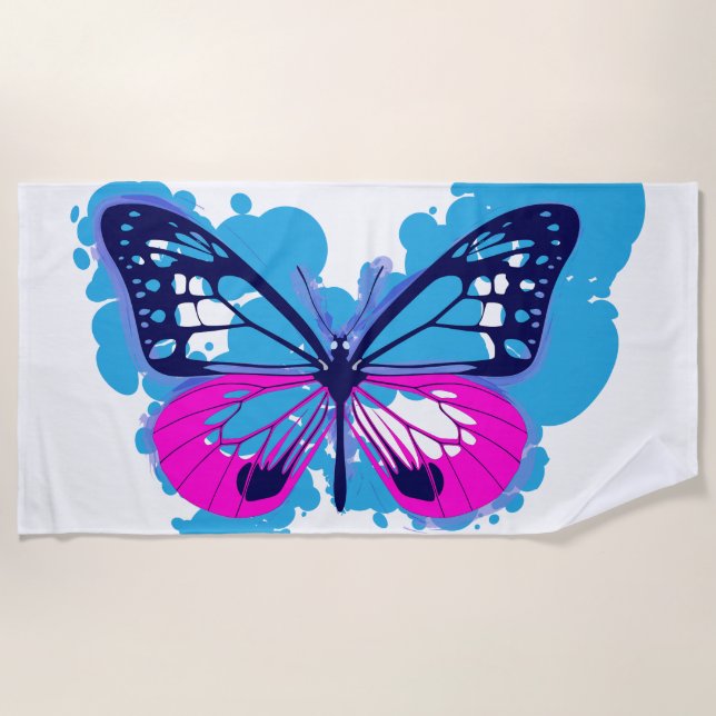 Toalla de playa azul de la mariposa del arte pop (Anverso)