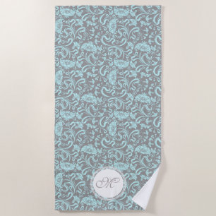 Toalla De Playa Azul Gris Vintage Patrón Floral Monograma Playa T
