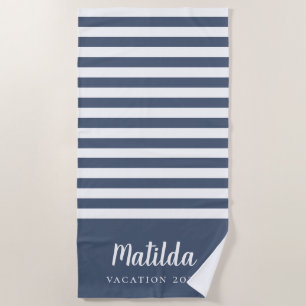 Toalla De Playa azul marino y blanco personalizado verano