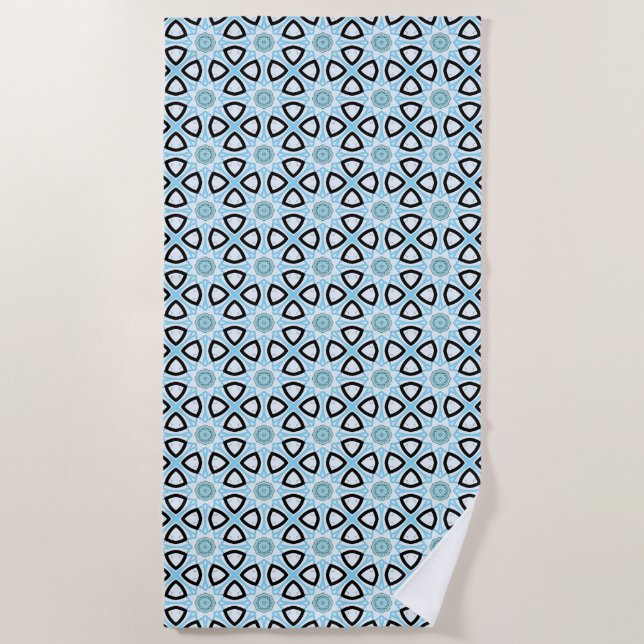 Toalla De Playa Azul, negro y blanco con estampado geométrico  (Anverso)