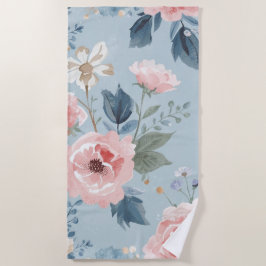 Toalla De Playa Azul Polvoriento Floral Acuarela Jardín Rosado Flo