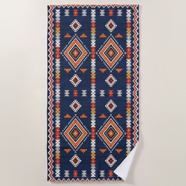 Toalla De Playa Azure Navy and Terracotta Geometric Tribal (Anverso)