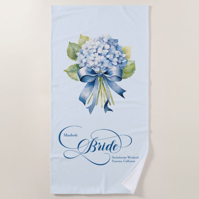 Toalla De Playa Bachelorette de Blue Hydrangea Bouquet Bride (Anverso)