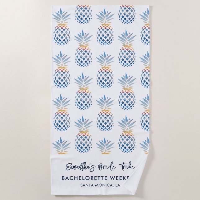 Toalla De Playa Bachelorette Weekend White Blue Pineapple (Anverso)