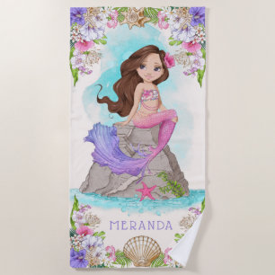 Toalla De Playa Bajo la sirena rosa y morada (Brunette)