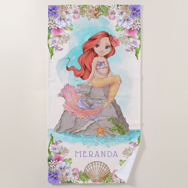 Toalla De Playa Bajo la sirena rosa y morada (pelo rojo) (Anverso)