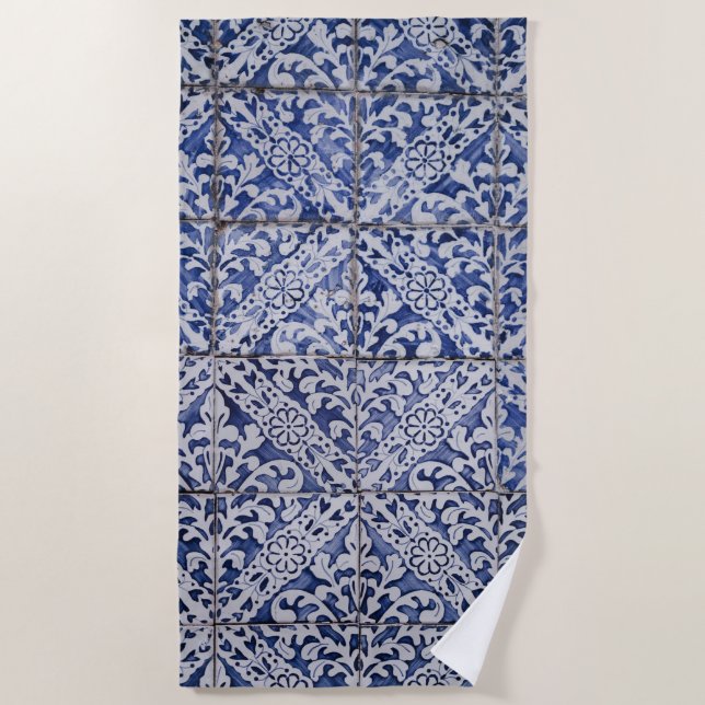 Toalla De Playa Baldosas portuguesas - Azulejo Floral azul y blanc (Anverso)