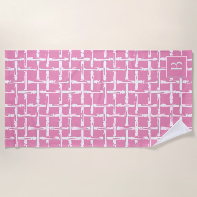 Toalla De Playa Bambú Preppy – Monograma Costero Rosa  (Anverso)
