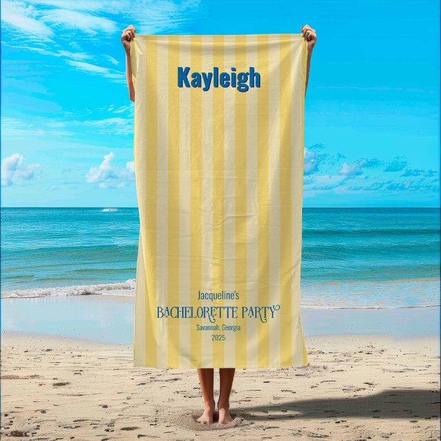 Toalla De Playa Banda costera amarilla Bachelorette Trip Bridesmai (Yellow Tinted Coastal Stripe Beach Towel)