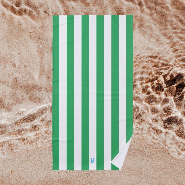 Toalla De Playa Banda verde de cabana y monograma azul personaliza (Subido por el creador)