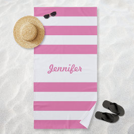 Toalla De Playa Bandas blancas y rosadas personalizadas