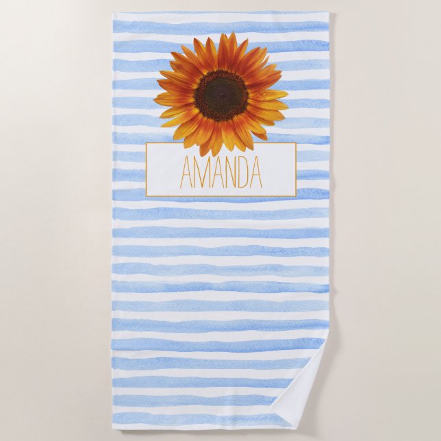 Toalla De Playa Bandas de color azul girasol personalizado (Anverso)