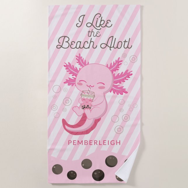 Toalla De Playa Bandas de té Boba Axolotl Rosa (Anverso)