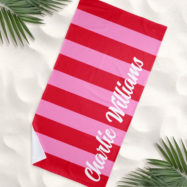 Toalla De Playa Bandas horizontales de negrita rosa rojo personali (Pink red bold horizontal stripes custom retro name beach towel)