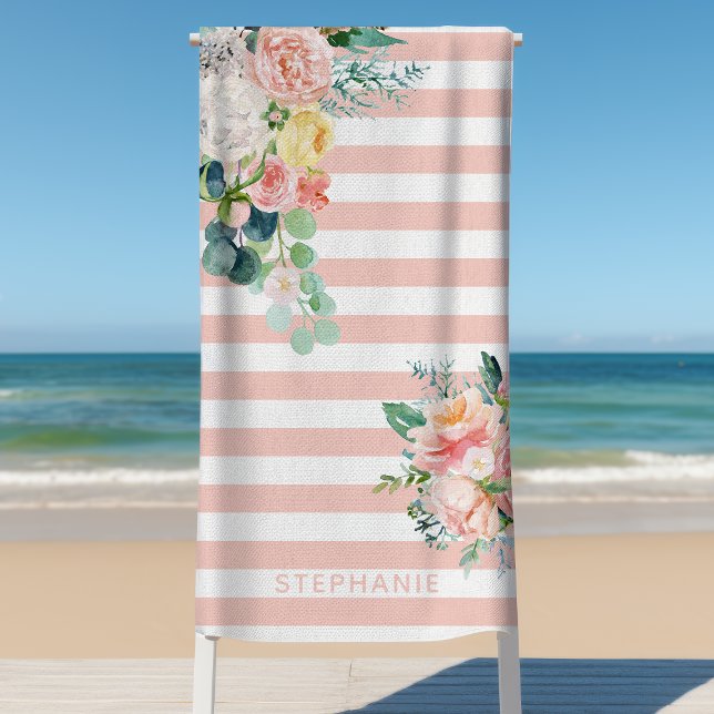 Toalla De Playa Bandas náuticas acuarela Floral Nombre rosa (Subido por el creador)