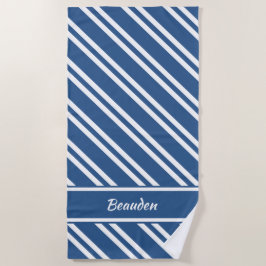 Toalla De Playa Bandas náuticas blancas y azules personalizadas